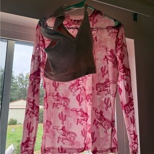 Pink Western Mesh Top with Gray Ribbed Crop Top